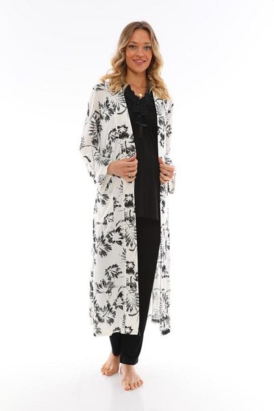 Lohussa Women's Black Patterned Cotton Maternity Maternity Dressing Gown Pajama Set
