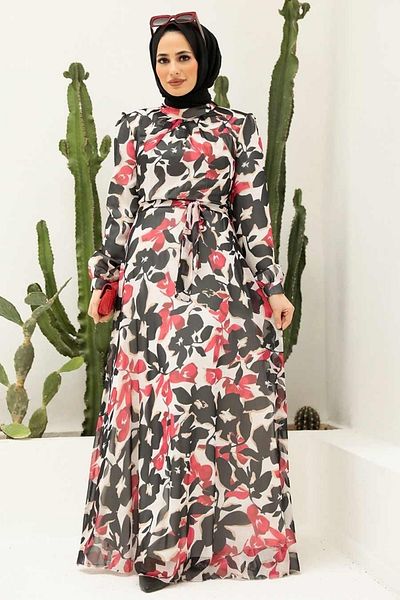 Neva Style - Rochie hijab roșie cu model 2925k