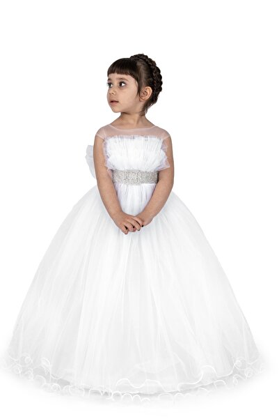 MiniBal Kemer Detaylı Kasnaklı Kız Çocuk Parti Elbisesi