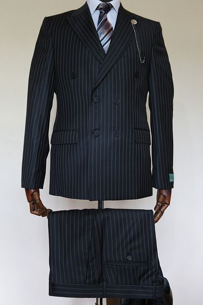 Querinca Blue Brown Striped Navy Blue Double Breasted Suit (NECK Tie - COLLAR DECORATION GIFT)