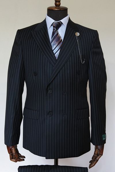 Querinca Blue Brown Striped Navy Blue Double Breasted Suit (NECK Tie - COLLAR DECORATION GIFT)