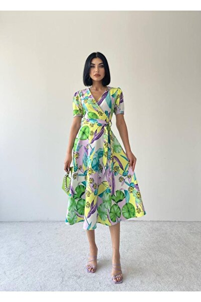 Afiş Butik فستان بحزام وياقة مزدوجة الصدر متعدد الألوان