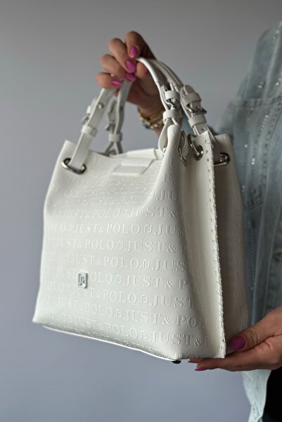 Just Polo Büyük Boy Örgü Detaylı 4 Bölmeli Kadın Omuz Çantası 4031-GD Düz Beyaz