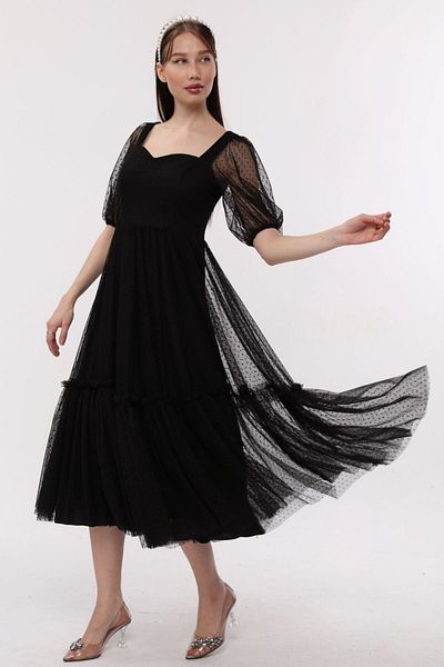 Asees Sweetheart Collar Dotted Tulle Evening Dress