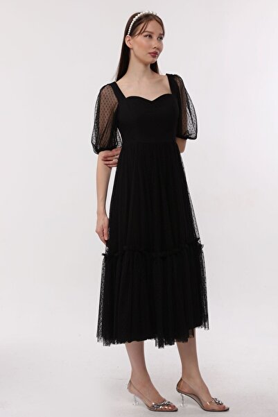 Asees Kalp Yaka Noktalı Tül Abiye Elbise