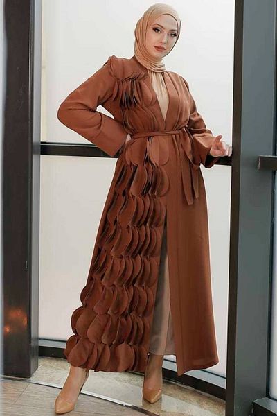 Neva Style - Detailed Brown Hijab Abaya 34930kh