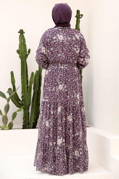 Neva Style - Rochie Hijab Mov cu Guler Dantela 2327mor