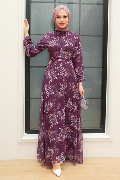 Neva Style Rochie hijab mov cu modele florale 27906