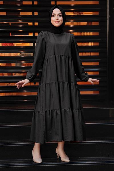 Neva Style - Rochie Hijab neagră cu pliuri 7688s