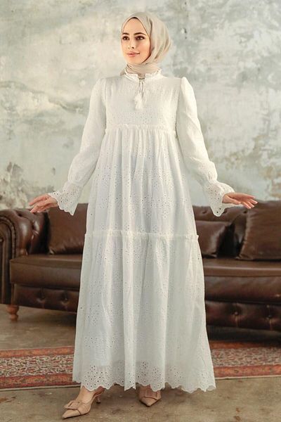 Neva Style Hijab alb - Rochie cu dantela 13440b