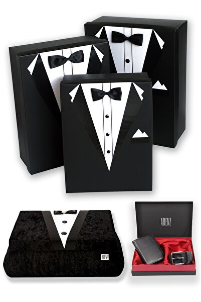 ADENZ Damat Bohçası 3'lü Kutu - Damat Sandık - Kutulu Kemer Cüzdan Seti - Çey...