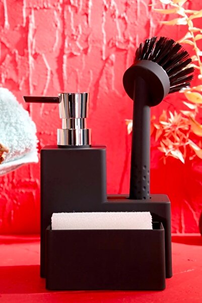 PORLİSTAN Fırçalı Sıvı Sabunluk Mutfak Seti - Kare Akrilik Sıvı Sabunluk Siya...