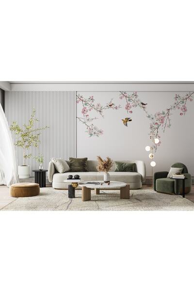 LOTUS AURA Pembe Çiçekli Duvar Kağıdı, Şeftali Çiçekleri Desenli Duvar Resmi