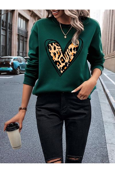 mercoledi Hanorac unisex oversize cu inimă de leopard, cu gât crew cu imprimeu