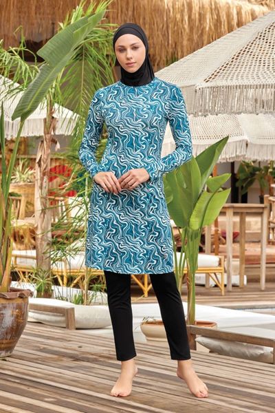 Remsa Swimsuit Hijab Swimwear Over Patterned Single Caftan Pareo Blue Leaves