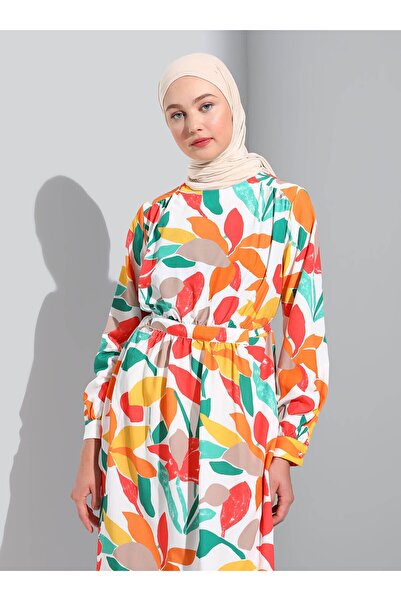 Benin Floral Patterned Viscose Hijab Dress with Lace-up Waist - White Orange -