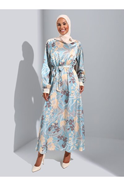 Refka فستان حجاب منقوش بالزهور من الساتان - أصفر نعناعي - امرأة