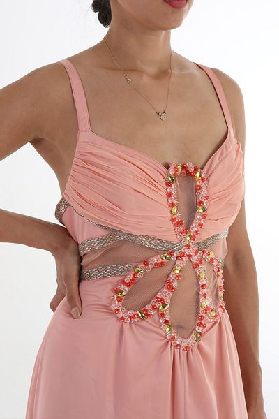 Balizza BLZ-SUSPENDED CHEST GARMED TOWEL AND STONE EMBROIDERED LONG EVENING DRESS