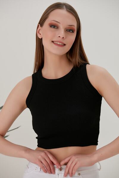 CATSPY 2'li Fitted/Vücuda Oturan Geniş Biyeli Halter Yaka Fitilli Esnek Örme Crop Bluz Set