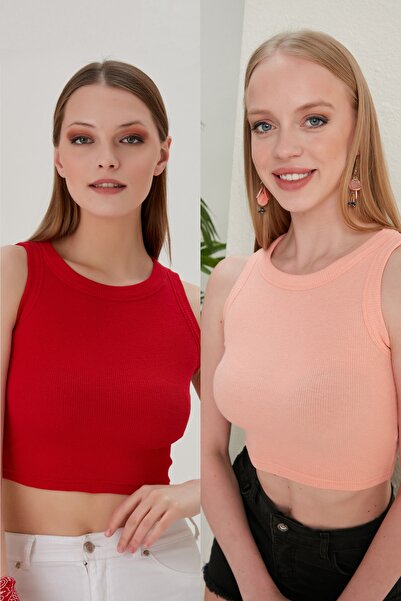 CATSPY Set de bluze crop tricotate flexibile, 2 bucăți, cu pipăi late, cu gât...