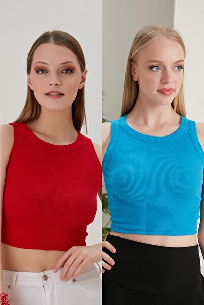 CATSPY Set de bluză crop tricotată flexibilă, 2 bucăți, cu pipăi late, cu gât...