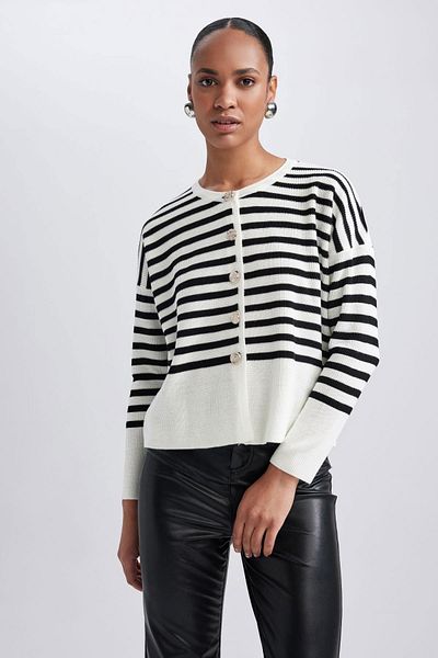 DeFacto Relax Fit Striped Crew Neck Thessaloniki Fabric Cardigan A4880ax23wn