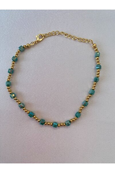 HEDİYEM EVİME Parlak Yeşil Boncuklu Mini Altın Boncuklu Halhal Altın Renk