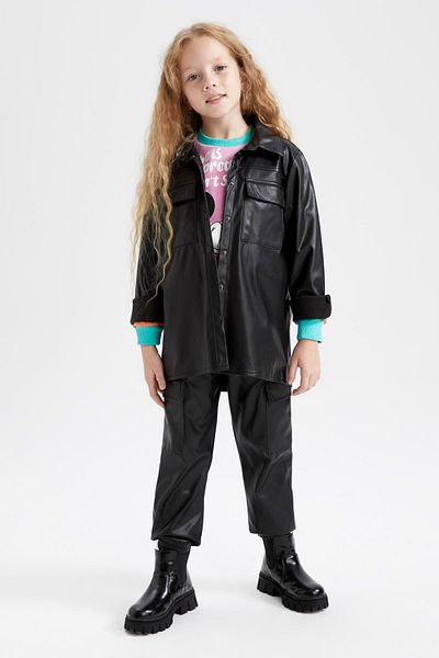 DeFacto Girl's Cargo Fit Faux Leather Trousers