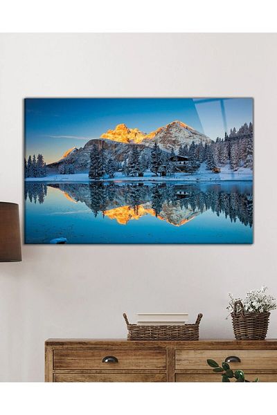 Rosyvien Pictură pe sticlă cu arbori încărcate de zăpadă și reflectarea muntelui, peisaj natural, decor de perete pentru casă și birou, cadou temperat