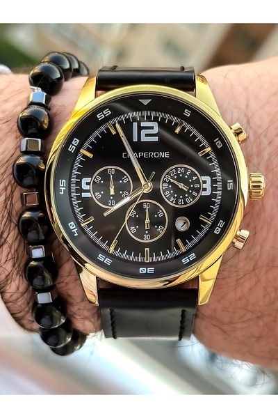 Chaperone Brand Leather Band Functions Active Black Color Men's Wristwatch+Bracelet