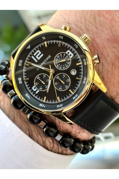 Chaperone Brand Leather Band Functions Active Black Color Men's Wristwatch+Bracelet