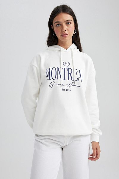 DeFacto Relaxed Fit Hooded Slogan Thick Sweatshirt - A7784Ax23Au