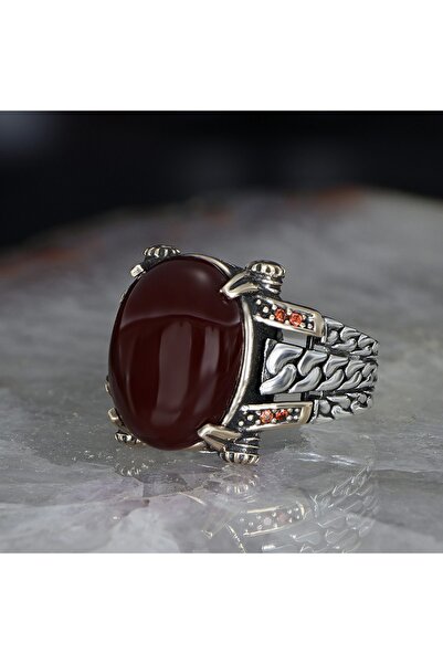 RevSilver 925 Ayar Gümüş Erkek Yüzük Yeni Tasarım Zincir Kırmızı Akik Taşı Oval
