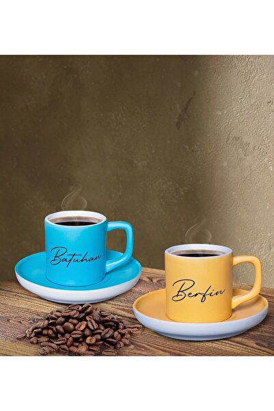 Bk Gift Kişiye Özel İsimli Sarı ve Mavi Renk İkili Türk Kahvesi Fincan Seti-1...