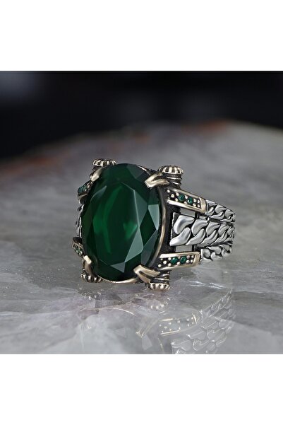 RevSilver 925 Ayar Gümüş Erkek Yüzük Yeni Tasarım Zincir Kırmızı ve Yeşil Zir...