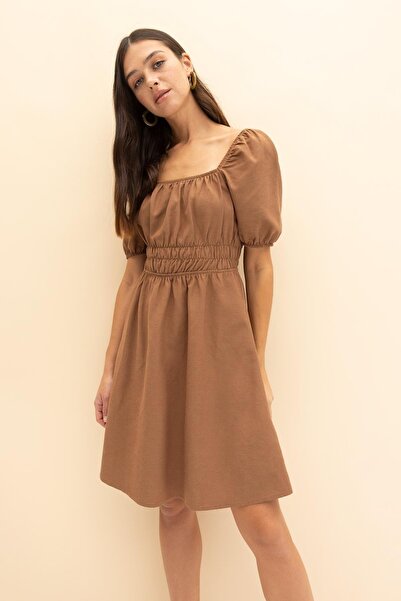 DeFacto Square Neck Linen Mini Short Sleeve Dress