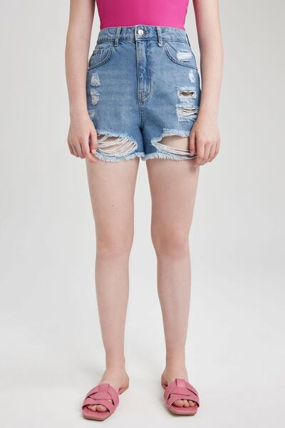 DeFacto Mom Fit Normal Waist Cutout Tipped Leg Jean 100% Cotton Shorts A2626ax23sm