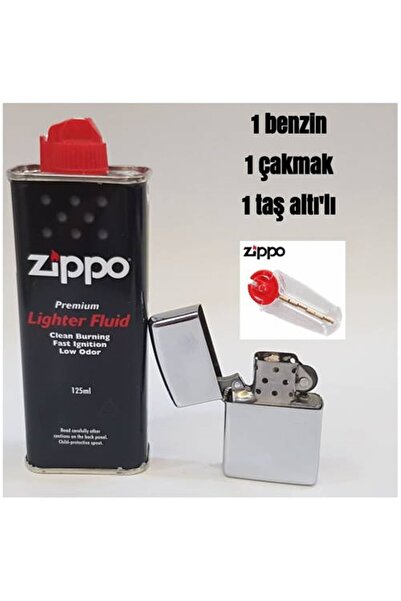 İNDİRİM CENTER Zippo Benzin Zippo Metalik Gri Benzinli Çakmak ve Taş Set