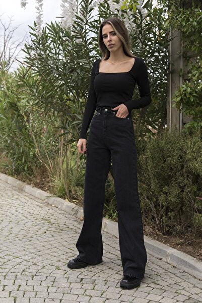 DRC trend Lilyy Solmaz Jet Black Extra Visok struk Sa likrom Palazzo ležerne ...