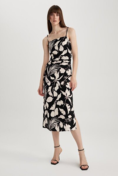 DeFacto Bodycon szögletes gallér virágos lenvászon kevert pántos midi ruha A3320ax23hs