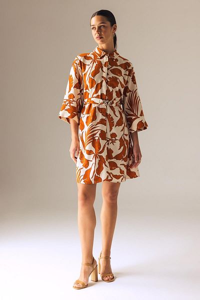 DeFacto Shirt Collar Linen Blended Half Sleeve Mini Patterned Dress A3336ax23hs