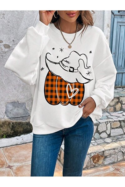 mercoledi Pălărie de vrăjitoare, cu imprimeu cu dovleac, unisex, alb, oversize