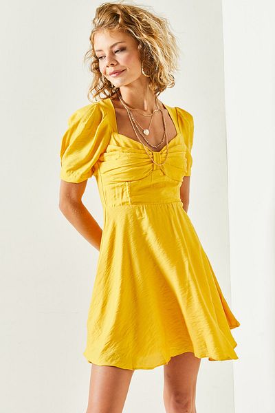 Olalook Women's Yellow Robe Detailed Flared Woven Dress ELB-19001948