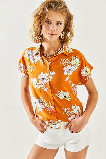 Olalook Női mustár rózsaszín mintás szőtt denevér ing GML-19001012