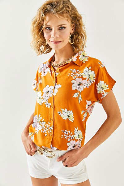 Olalook Női mustár rózsaszín mintás szőtt denevér ing GML-19001012