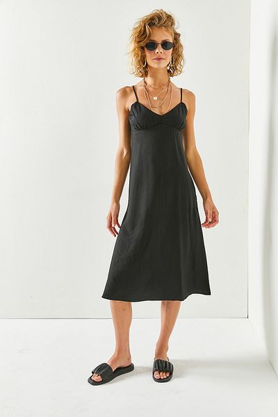 Olalook Women's Black Strap A-Line Cut Linen Ayrobin Midi Dress ELB-19001944