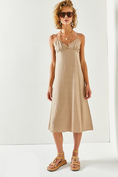 Olalook Women's Stone Strap A-Line Cut Linen Ayrobin Midi Dress ELB-19001944