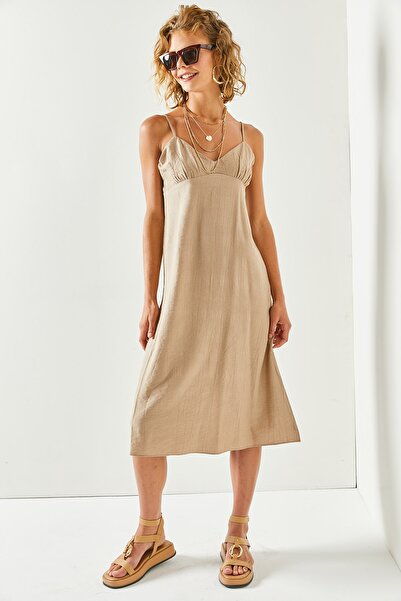 Olalook Women's Stone Strap A-Line Cut Linen Ayrobin Midi Dress ELB-19001944