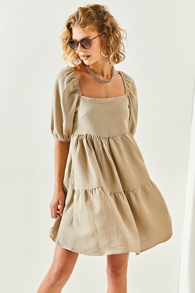 Olalook Dámské mini plátěné šaty s hranatým límečkem ELB-19001941