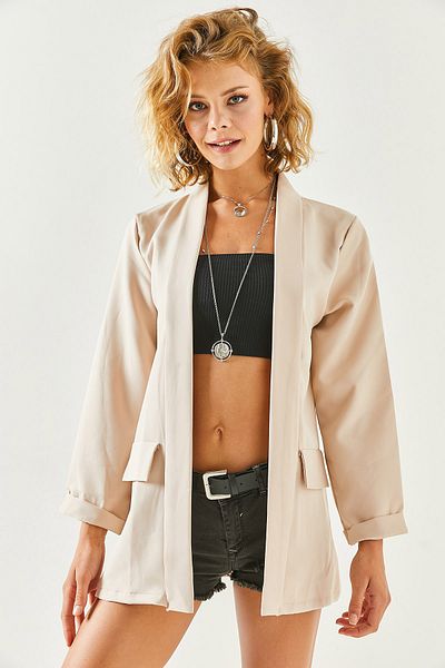 Olalook Beige Atlasjacke mit Accessoire-Tasche für Damen CKT-19000349